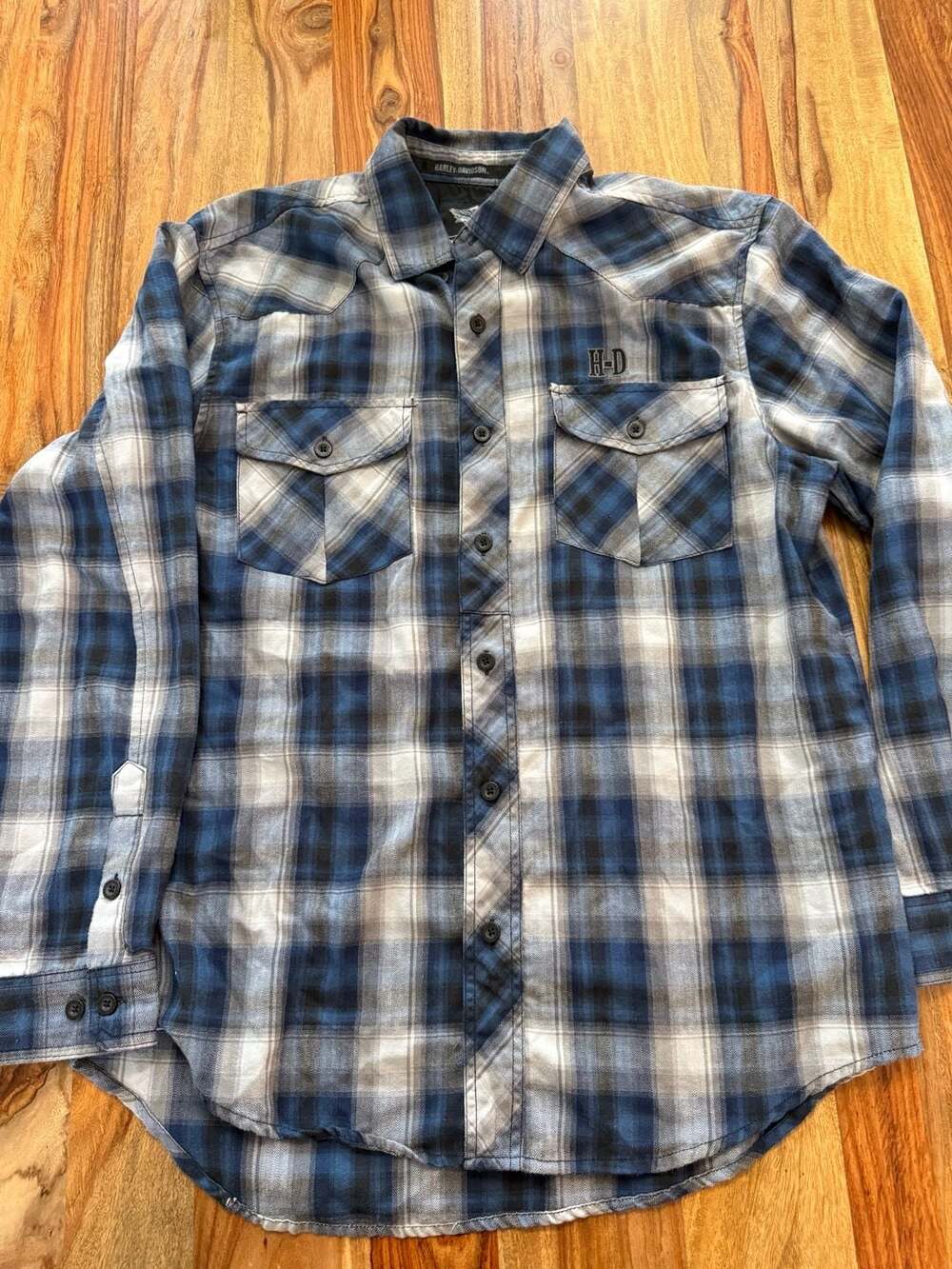 Harley-Davidson Men's Blue Plaid Long Sleeve Button Down Shirt Size L